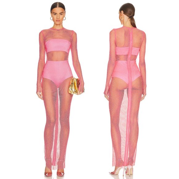 Bronx and Banco Webb Maxi Dress in Electric Pink Crystal Mesh Coverup Me… - Picture 1 of 3